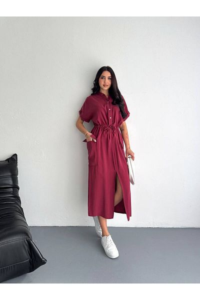 Stil Sepeti Women's Midi Dress Burgundy Judge Collar Button Tl- 100070316