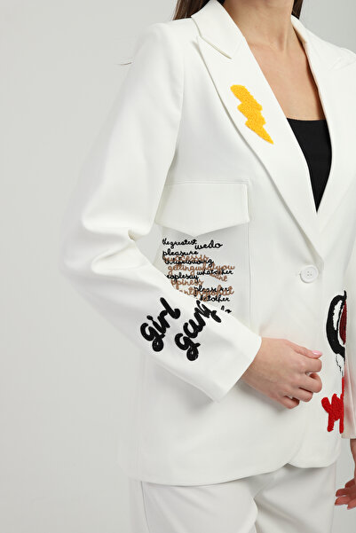 Milamia Nakışlı Beyaz Blazer Ceket