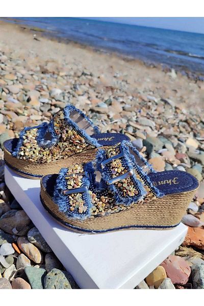 Macelife Papuci din denim în stil boem - Papuci de damă pentru piatră naturală și culoare albastră
