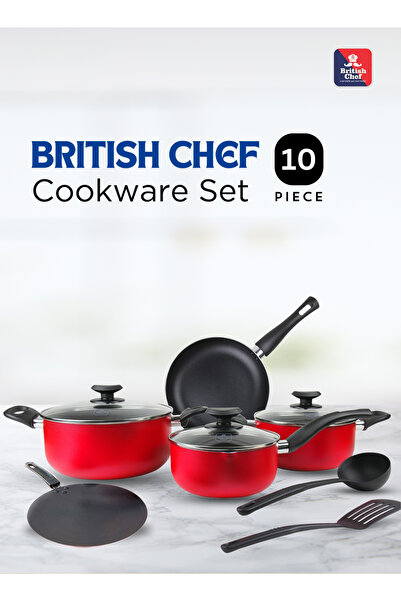 British Chef طقم أواني طهي غير لاصقة من 10 قطع، مطلي بطلاء غير لاصق للطهي، طاجن مع غطاء