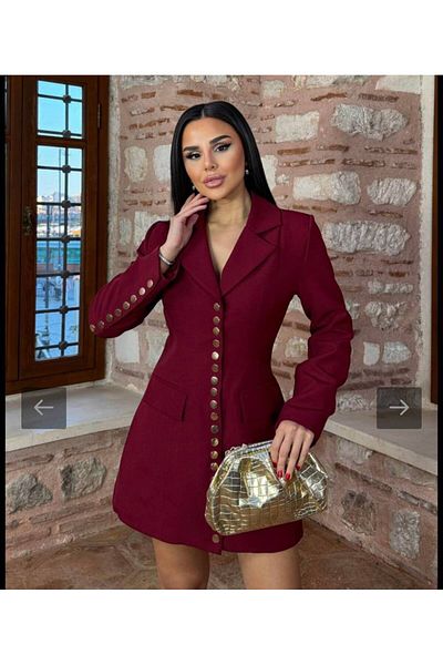 stilsepeti Women's Premium Artizan Blazer Jacket Dress - Detailed Burgundy Gold Kd- 1000423020