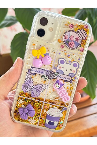 Fibaks Apple iPhone 11 Kılıf Renkli Kurdale Kelebek Kedi Figürlü Sıvılı Mor Renkli Kapak