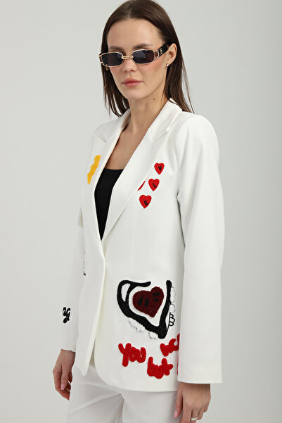 Milamia Nakışlı Beyaz Blazer Ceket