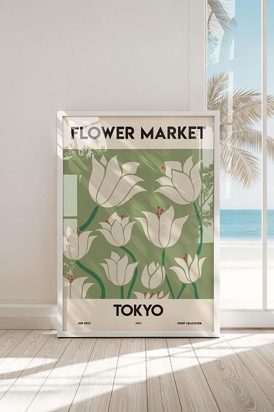 Buka Shops Pictură premium „Piața florilor din Tokyo” în tonuri verzi cu cadru: estetică botanică minimalistă