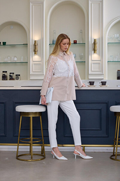 Moodbasic Marwa by moodbasic ÇİZGİLİ FRANSIZ DANTEL DETAYLI GÖMLEK