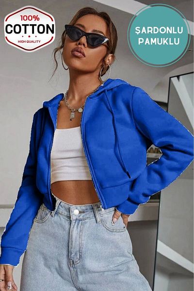 ufukmoda Women's Sax Blue Crop Fitted Hooded Zip Zipper Fleece Cardigan Sweatshirt