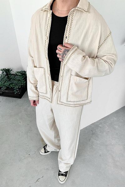 HAFKAGİYİM Μπουφάν Oversize Premium Λινό Κεντημένο Κρέμα