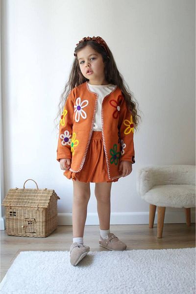 Karan Kids Girl's Motif Detailed Cardigan and Balloon Skirt Set