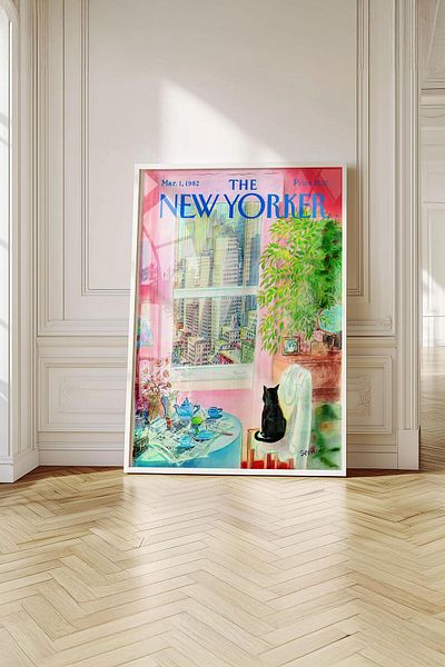 Buka Shops Pictură premium „New Yorker Cat and City” de epocă în rama: eleganță culturală cu semnătura lui Sempé