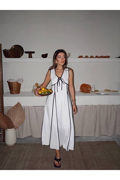 Stil Sepeti Dámské bílé lněné šaty s výstřihem do V, černé lemované midi RU- 10003012