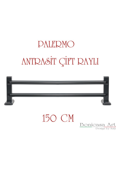 Bonicasa Art Antrasit Çift Raylı Ahşap Başlıklı Rustik Perde Askısı Çetray Mo...