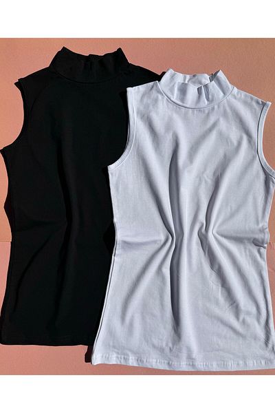 VicTroy Half-Necked 2-Piece Black and White Color Turtleneck Cotton Women's Tank Top