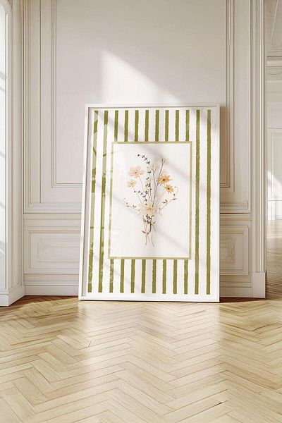 Buka Shops Pictură premium cu dungi verzi vintage înrămate: eleganță botanică nostalgică