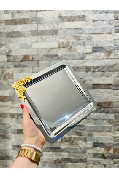 CİES HOME Stainless Steel Square Model 4-Piece Coffee & Presentation Tray Ros...