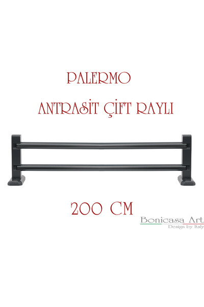 Bonicasa Art Antrasit Çift Raylı Ahşap Başlıklı Rustik Perde Askısı Çetray Mo...