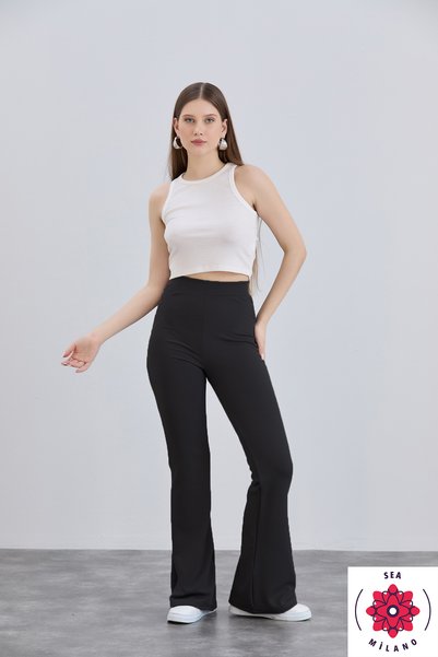 Alos Women's Black Crepe Flare Leg High Waist Lycra Trousers Leggings