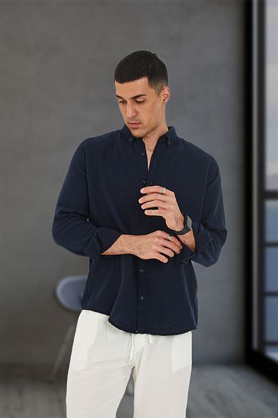 JR Boutique Ανδρικό υφασμάτινο καλοκαιρινό πουκάμισο μουσελίνας βαμβακερό - Navy Blue