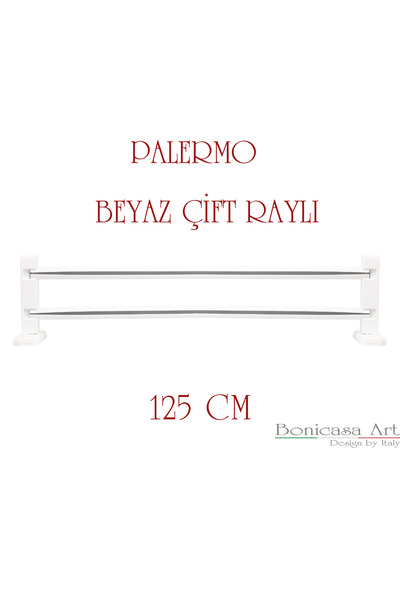 BonicasaArt Palermo Beyaz Çift Raylı Ahşap Başlıklı Rustik Perde Askısı Çetra...