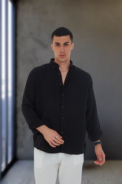 JR Boutique Мъжка лятна риза от муселинов плат, памучна - черна