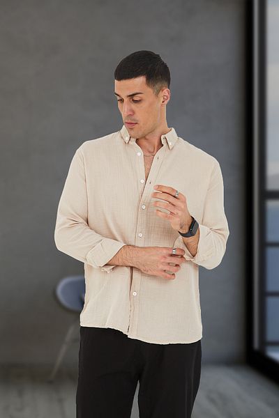 JR Boutique Ανδρικό καλοκαιρινό πουκάμισο μουσελίνας 100% βαμβακερό χωρίς τσέπη κανονικό - μπεζ
