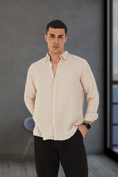 JR Boutique Ανδρικό καλοκαιρινό πουκάμισο μουσελίνας 100% βαμβακερό χωρίς τσέπη κανονικό - μπεζ
