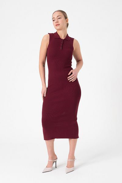 Merry Rise Rochie de tricotaj de vară bordeaux cu decolteu polo