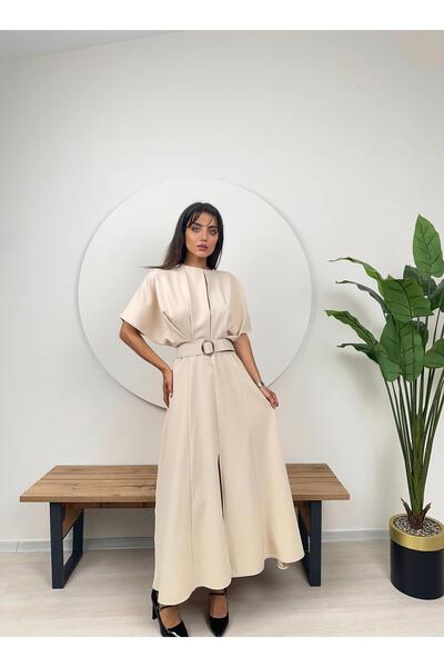 Glysso Kemerli Yarasa Kol Bej Midi Mezuniyet Davet Elbisesi