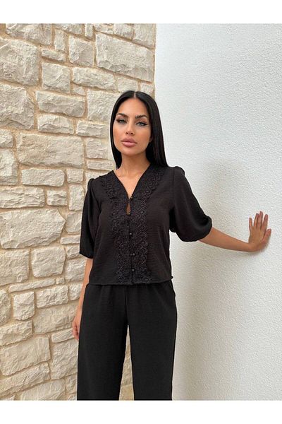 sportiness Embroidered Button Front Lace V-Neck Shirt and Pants Suit