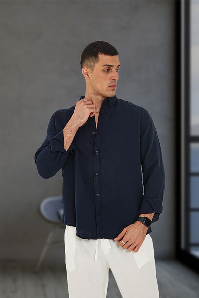 JR Boutique Ανδρικό υφασμάτινο καλοκαιρινό πουκάμισο μουσελίνας βαμβακερό - Navy Blue