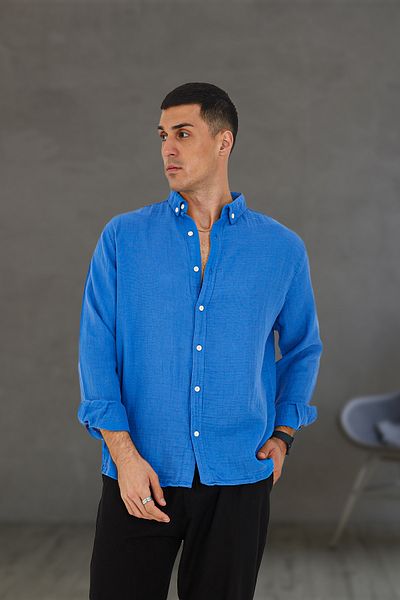 JR Boutique Cămașă de vară din bumbac muselină albastră pentru bărbați