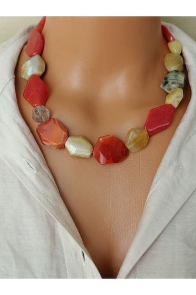 LemaStone Natural Stone Necklace; Designed with Aa Quality Agate and Rutile Quartz Stones.