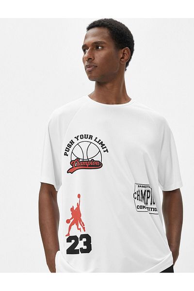 Koton Übergroßes Sport-T-Shirt mit Basketball-Aufdruck – Slogan, Rundhalsausschnitt
