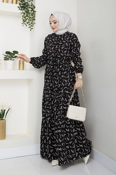 Nevayla Moda Φόρεμα βισκόζης με μοτίβο φύλλων - Μαύρο / E0125