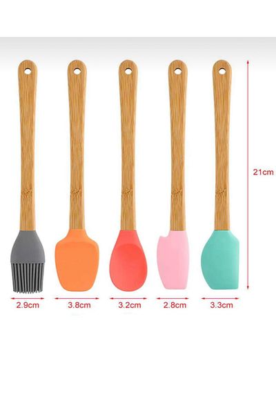Ranüş Home 5 Piece Mini Silicone Spatula Spoon Brush Set - Bamboo Handle - Colorful Set