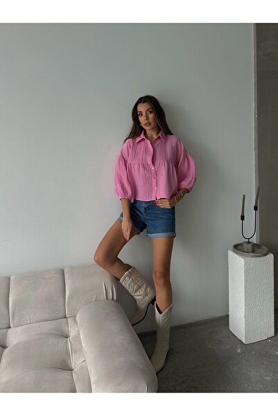 Lusin Women's Pink Short Balloon Muslin Fabric Premium Shirt