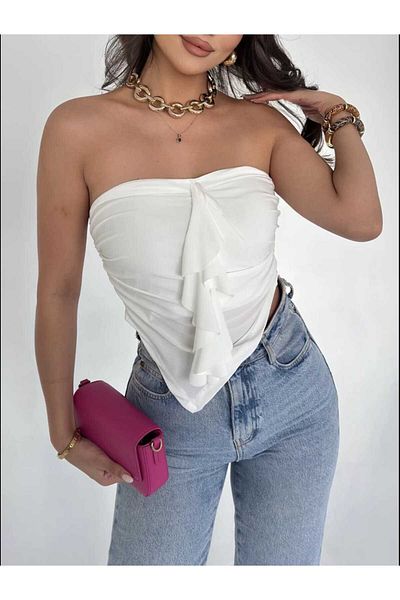 sportiness Asymmetric Strapless Sandy Fabric Bluz