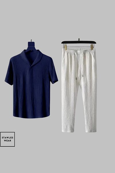 stawles wear White - Navy Blue Crinkle Fabric Summer Lycra Women's Men's Short Sleeve T-Shirt Tracksuit Set