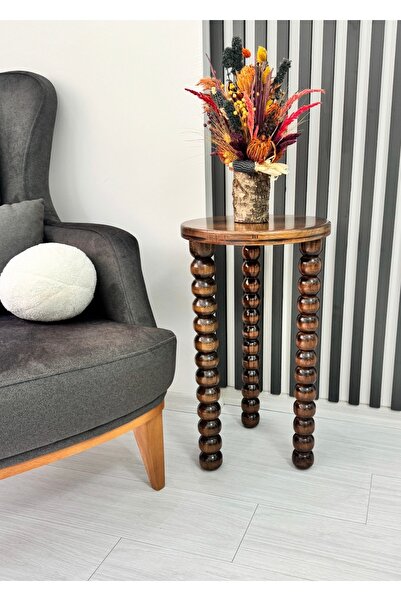 ASELYA HOME Ahşap Tekli Boncuk Ayaklı Yan Sehpa Modern Ceviz Renk Fiskos / Çi...