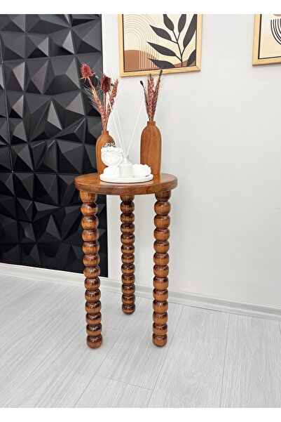ASELYA HOME Ahşap Tekli Boncuk Ayaklı Yan Sehpa Modern Açık Ceviz Fiskos / Çi...