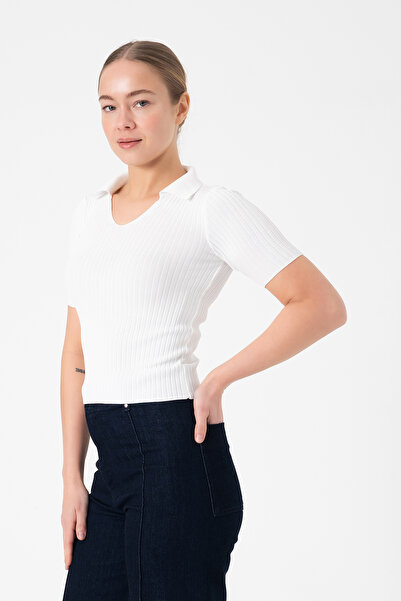 Merry Rise Γυναικεία Πλεκτά Μπλούζα Polo Neck - Λευκό