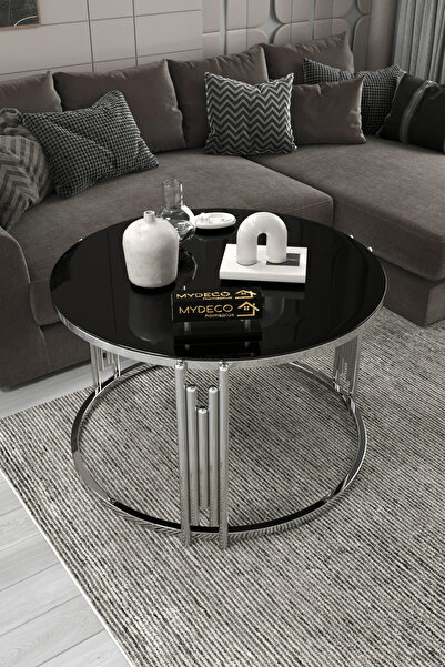 home plus mobilya Piyano Gümüş Siyah Tekli Orta Sehpa Takımı