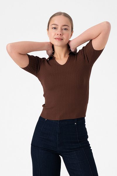 Merry Rise Γυναικεία Πλεκτά Μπλούζα Polo Neck - Καφέ