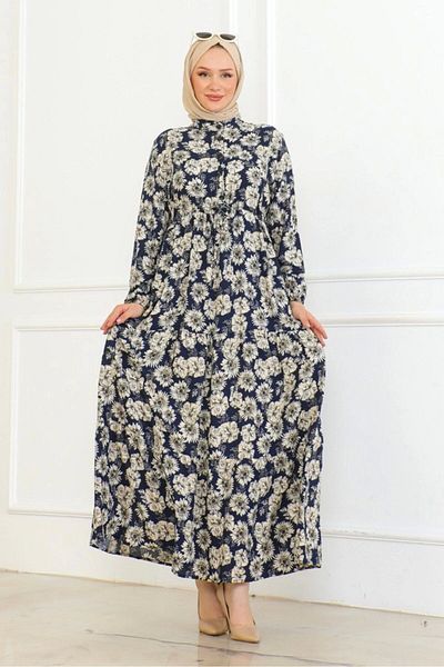 Neva Style Φόρεμα με λουλούδια βισκόζη με λεπτομέρεια με κουμπί - Navy Blue