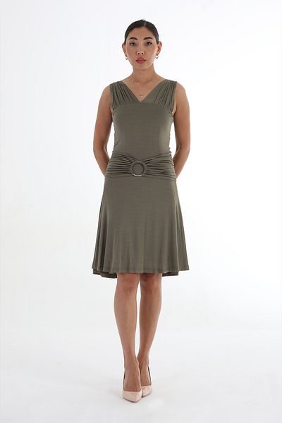 Balizza Blz-Thick Strap Round Stone Accessory Waist Shirred Strech Dress