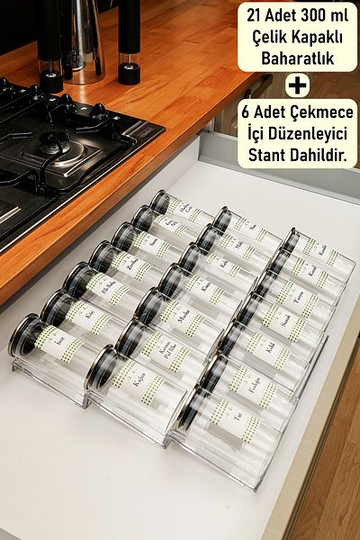 color house 21 Pcs Steel Lid Borosilicate Steel Lids Spice Rack Jar 300ml with 6 Pcs Borders Organizer Stand