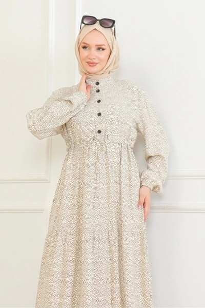 Neva Style Button Detailed Patterned Viscose Dress - Cream