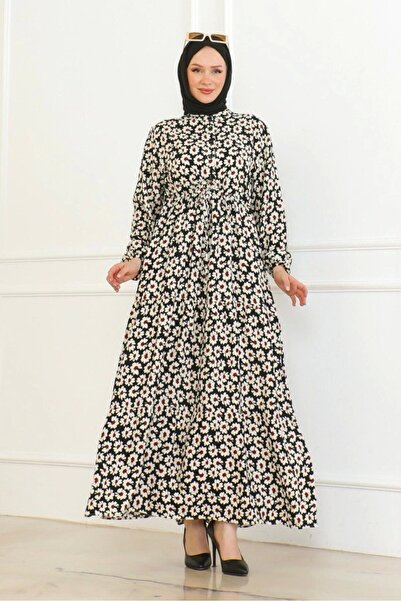 Neva Style Floral Patterned Tied Front Dress / Black-Yellow