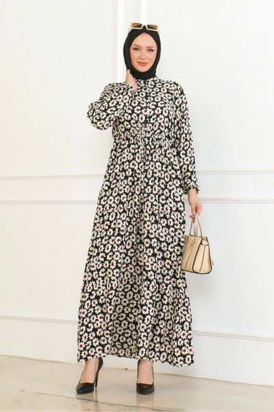 Neva Style Floral Patterned Tied Front Dress / Black-Yellow