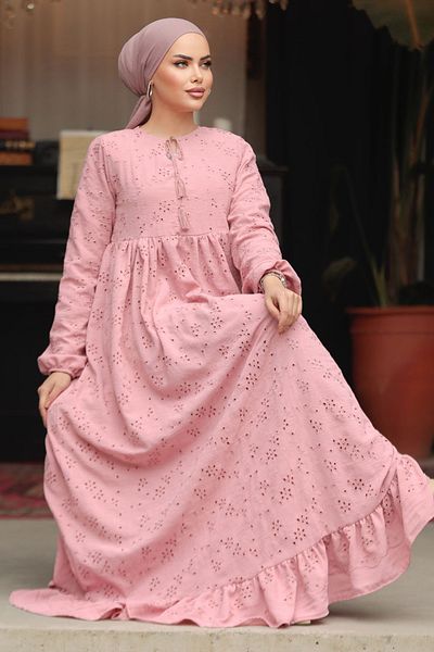 Neva Style Powder Color Laced Hijab Dress - 23201PD