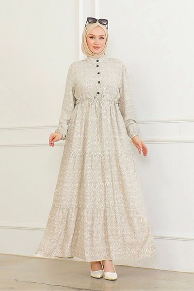 Neva Style Button Detailed Patterned Viscose Dress - Cream